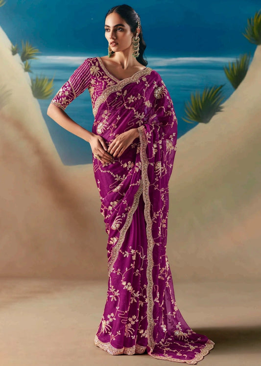 Magenta Pink Organza Tissue Silk Hand Embroidered Bridal Saree