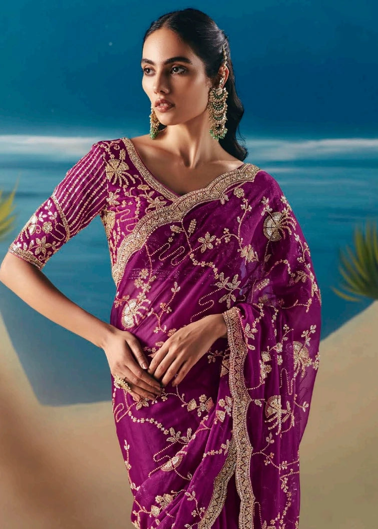 Magenta Pink Organza Tissue Silk Hand Embroidered Bridal Saree