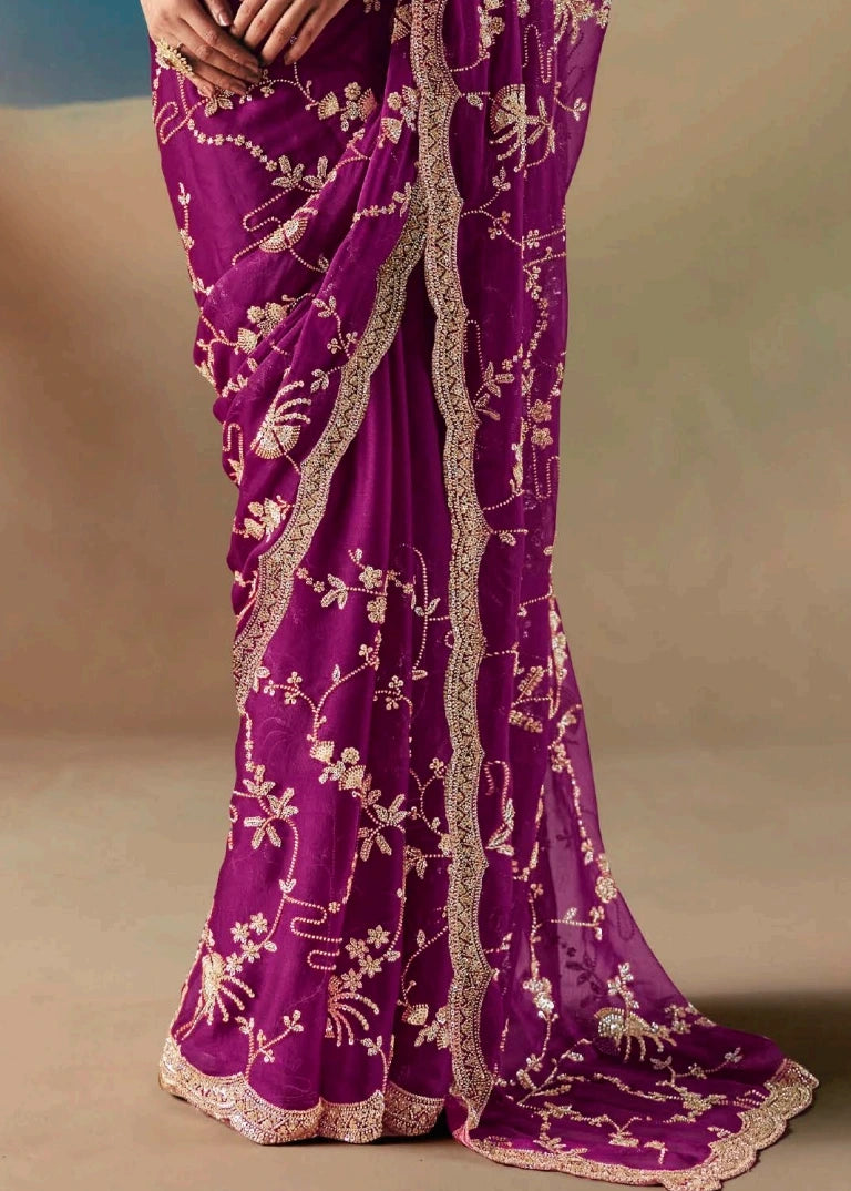 Magenta Pink Organza Tissue Silk Hand Embroidered Bridal Saree