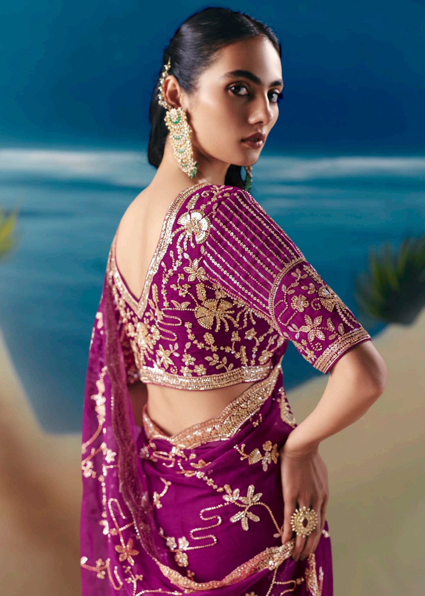 Magenta Pink Organza Tissue Silk Hand Embroidered Bridal Saree