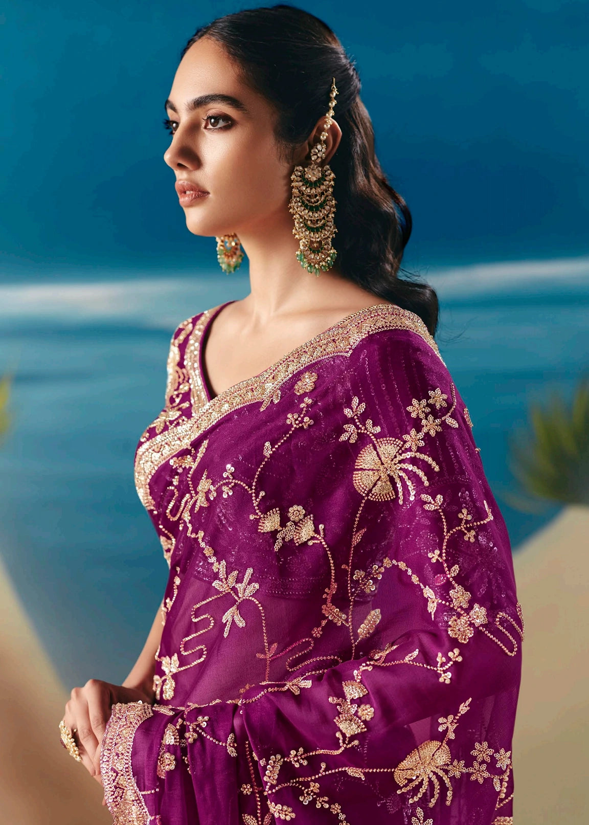 Magenta Pink Organza Tissue Silk Hand Embroidered Bridal Saree