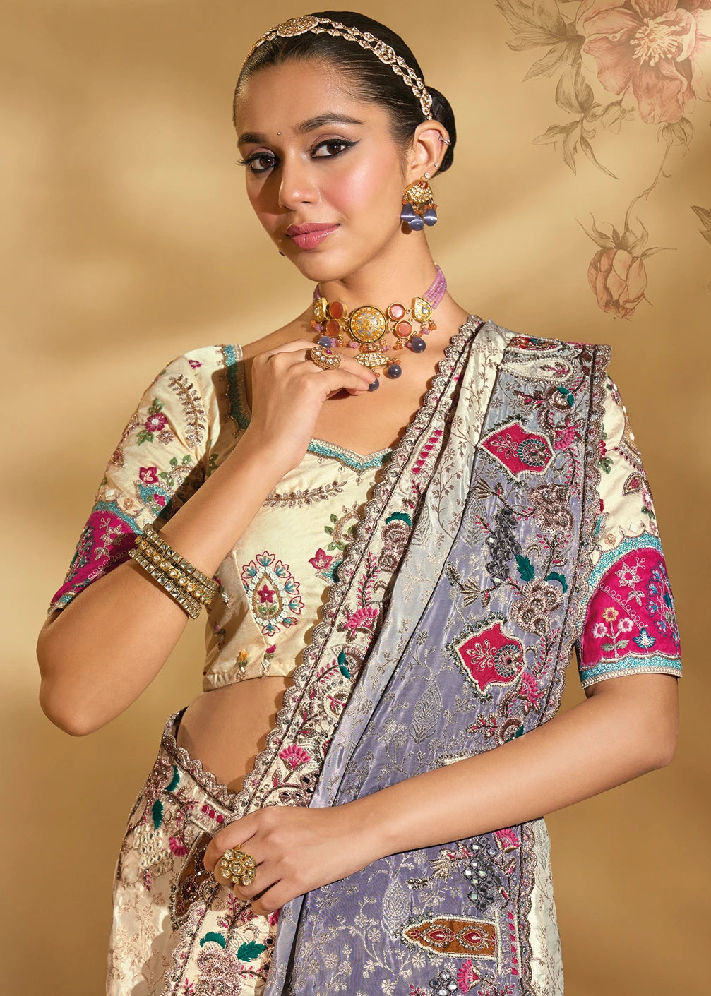 Cream & Greyish Purple Ombre Effect Banarasi Crepe Silk Embroidered Bridal Saree