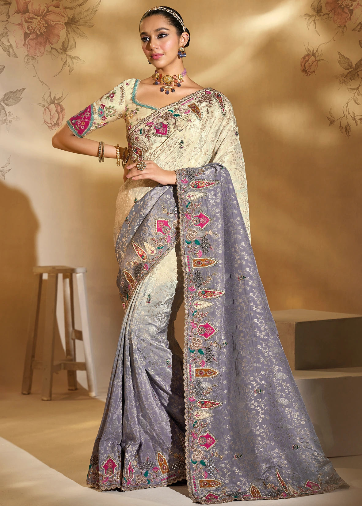 Cream & Greyish Purple Ombre Effect Banarasi Crepe Silk Embroidered Bridal Saree