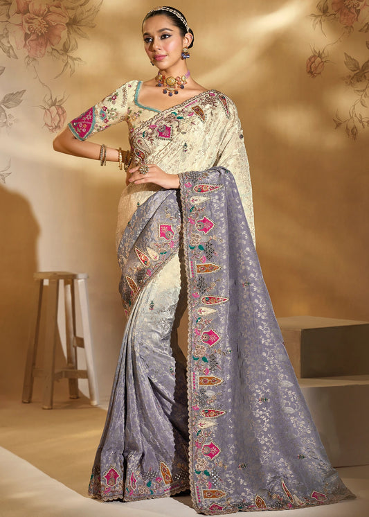 Cream & Greyish Purple Ombre Effect Banarasi Crepe Silk Embroidered Bridal Saree