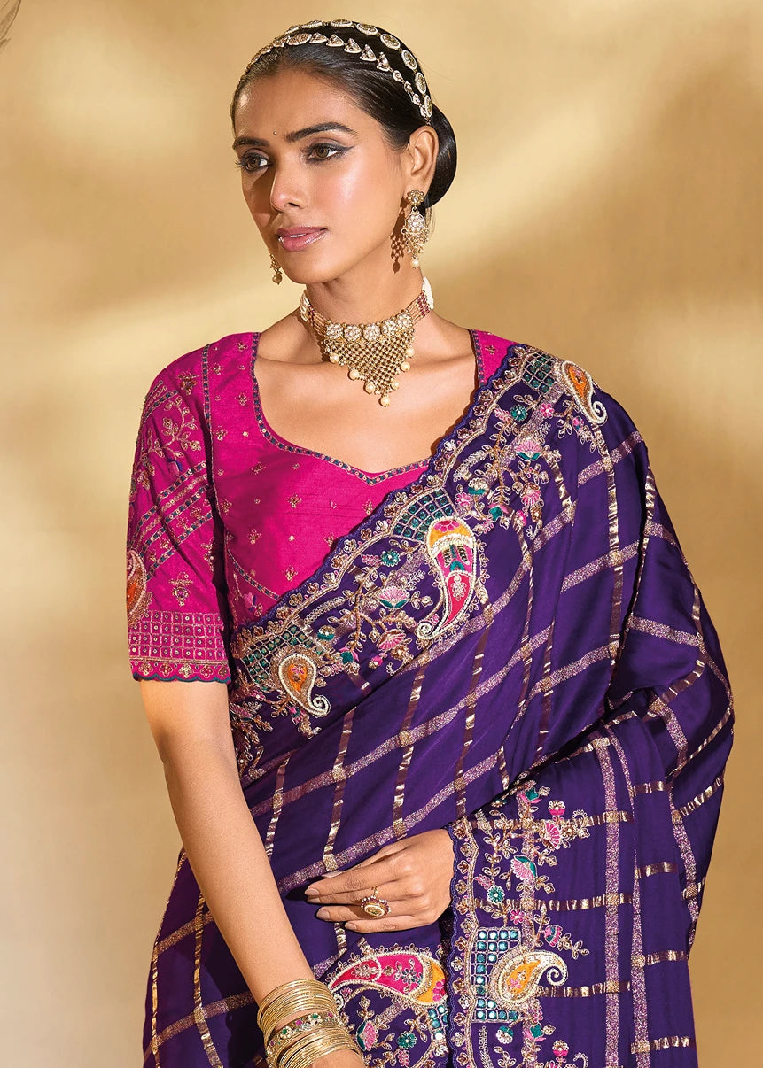 Violet Purple Banarasi Gajji Silk Embroidered Bridal Gharchola Saree
