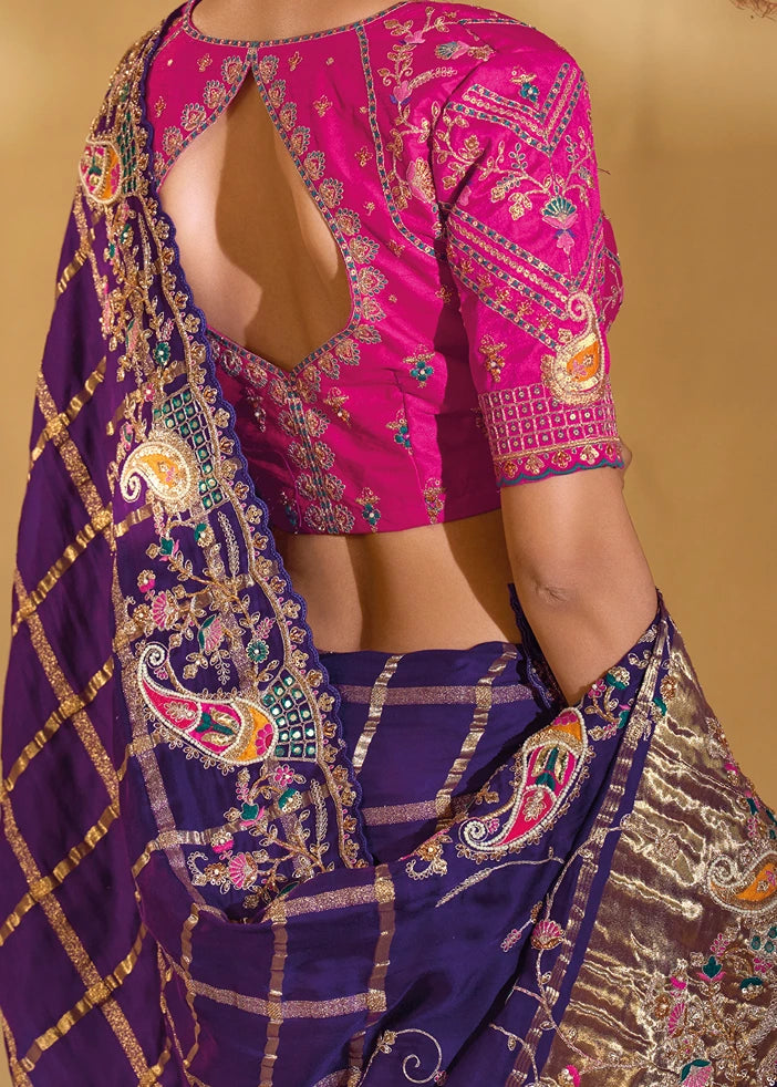Violet Purple Banarasi Gajji Silk Embroidered Bridal Gharchola Saree