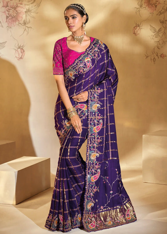 Violet Purple Banarasi Gajji Silk Embroidered Bridal Gharchola Saree