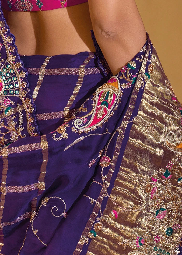Violet Purple Banarasi Gajji Silk Embroidered Bridal Gharchola Saree