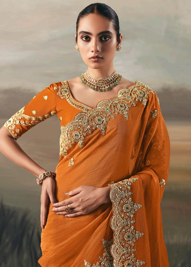 Orange Tissue Silk Embroidered Bridal Saree
