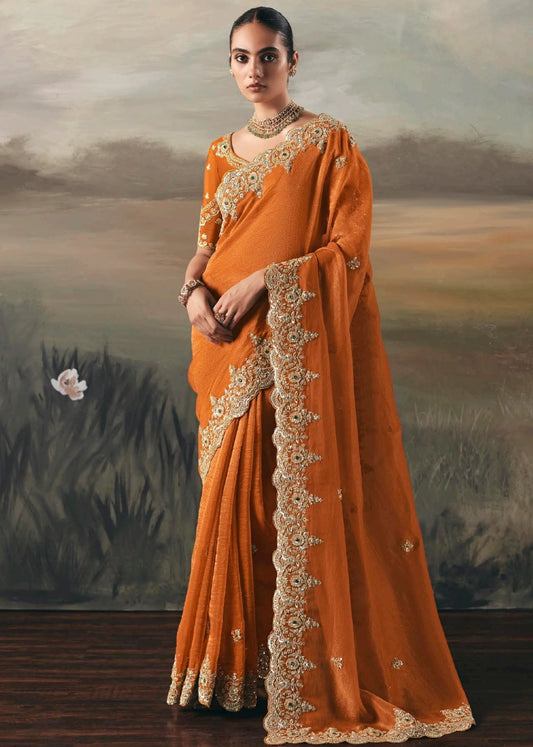 Orange Organza Tissue Silk Embroidered Bridal Saree