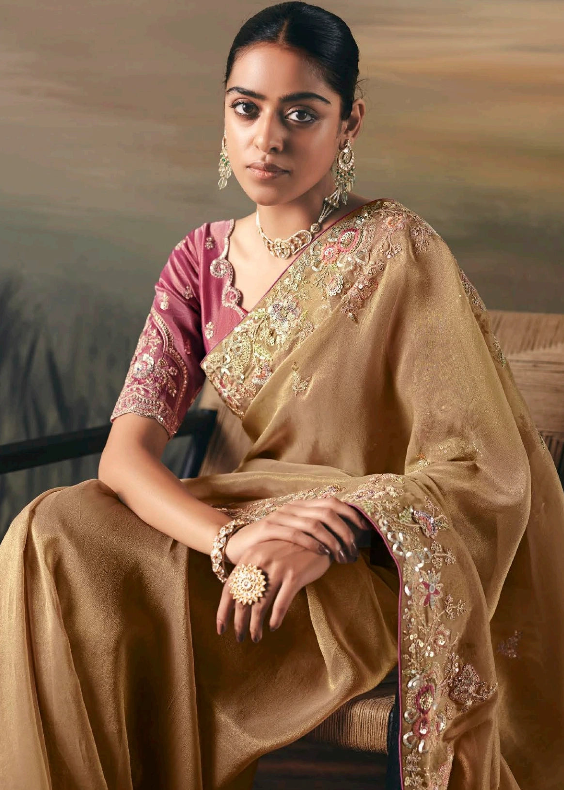 Golden Brown Tissue Silk Embroidered Bridal Saree & Pink Blouse