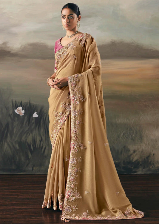 Golden Brown Tissue Silk Embroidered Bridal Saree & Pink Blouse