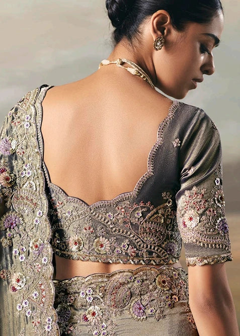 Metallic Grey Tissue Silk Embroidered Bridal Saree
