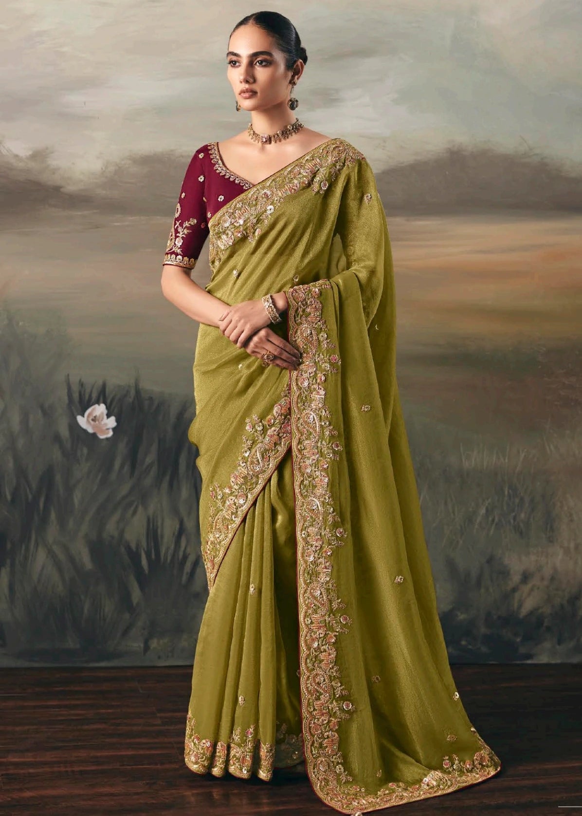 Lime Green Tissue Silk Embroidered Bridal Saree & Red Blouse
