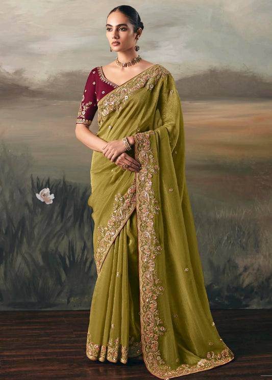 Lime Green Tissue Silk Embroidered Bridal Saree & Red Blouse