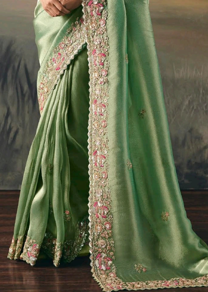 Mint Green Tissue Silk Embroidered Bridal Saree & Red Blouse