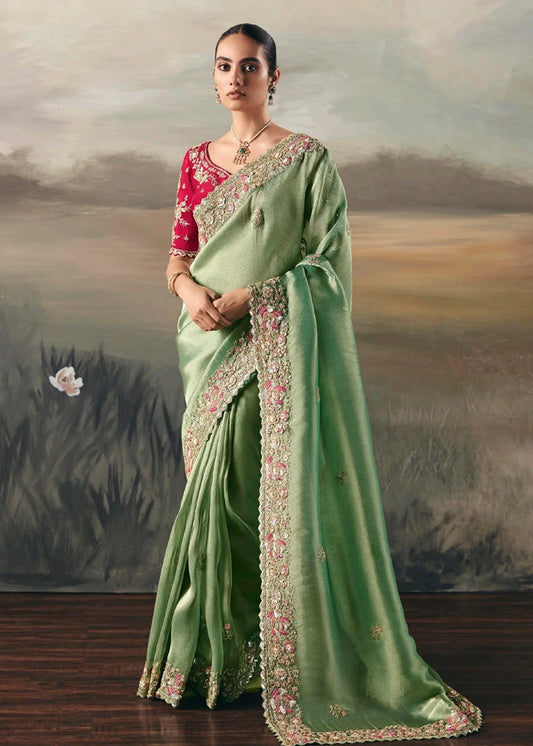 Mint Green Tissue Silk Embroidered Bridal Saree & Red Blouse