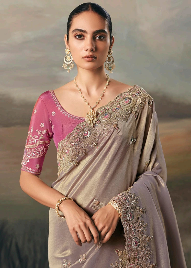 Silver Tissue Silk Embroidered Bridal Saree & Pink Blouse