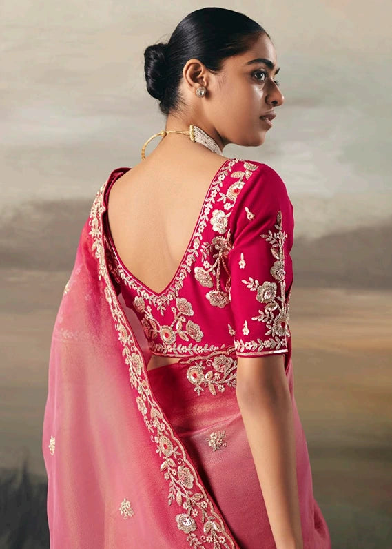 Pink Ombre Effect Tissue Silk Embroidered Bridal Saree