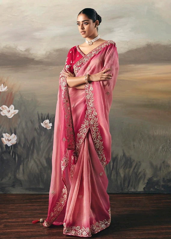 Pink Ombre Effect Tissue Silk Embroidered Bridal Saree