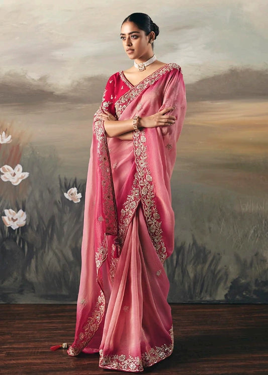Pink Ombre Effect Tissue Silk Embroidered Bridal Saree
