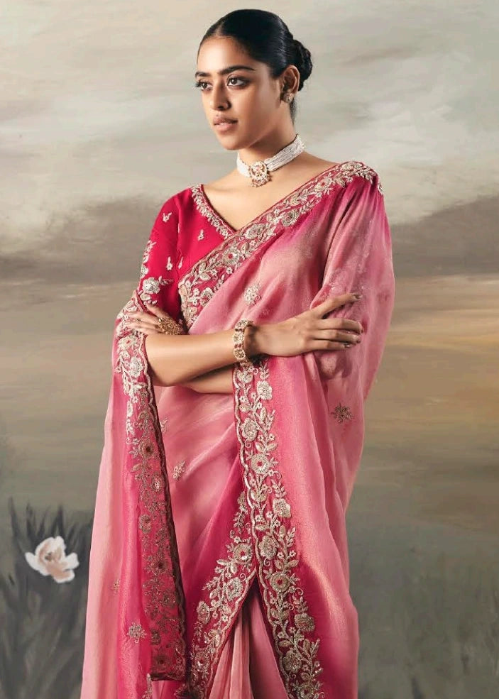 Pink Ombre Effect Tissue Silk Embroidered Bridal Saree