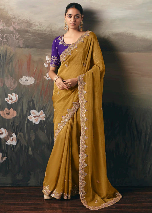 Golden Yellow Tissue Silk Embroidered Bridal Saree & Purple Blouse