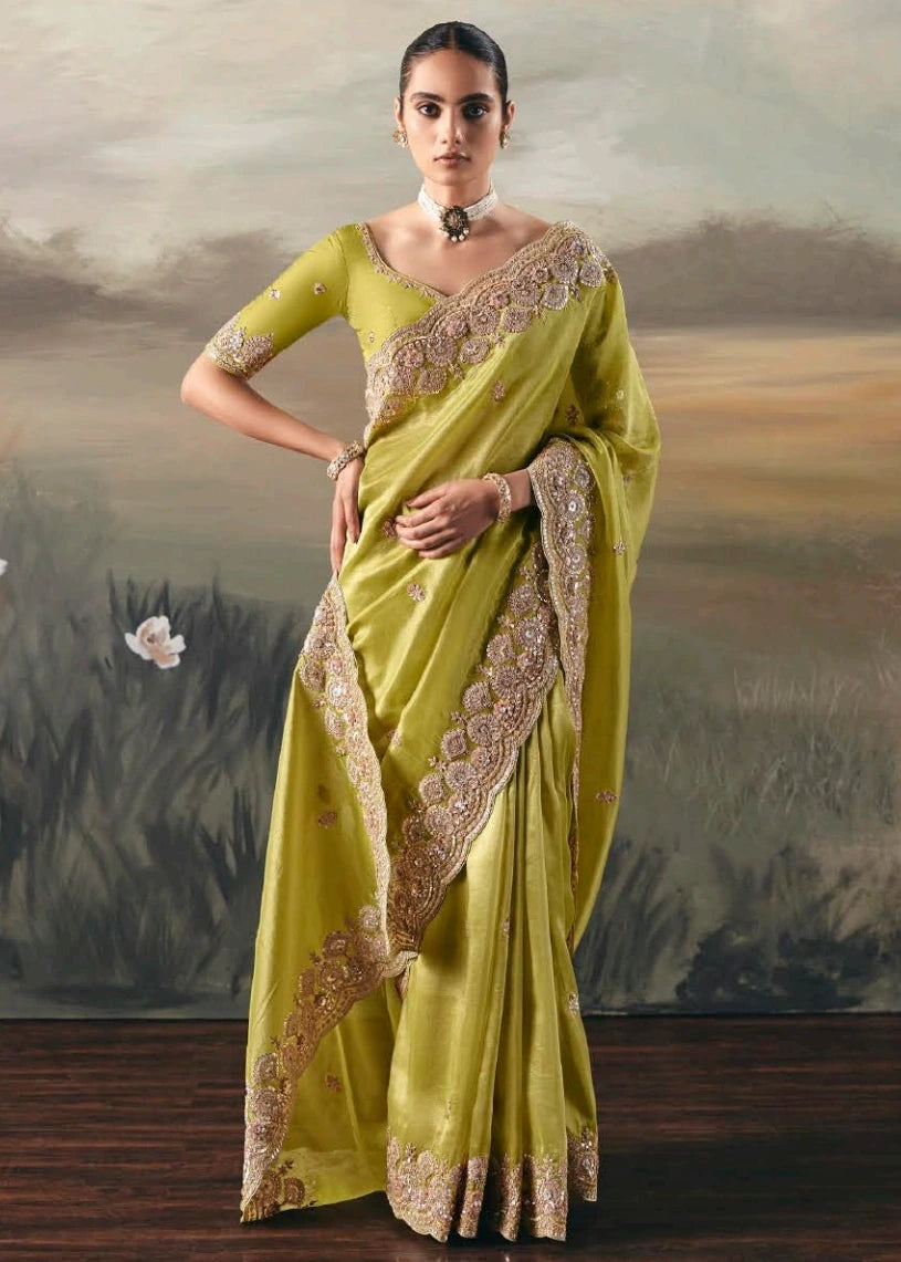 Parrot Green Tissue Silk Embroidered Bridal Saree