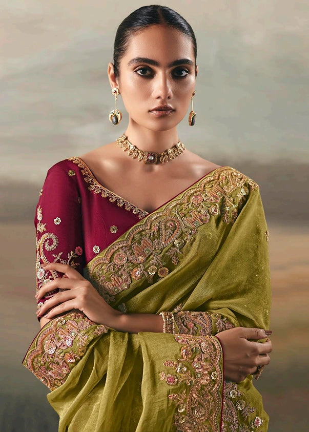 Lime Green Tissue Silk Embroidered Bridal Saree & Red Blouse