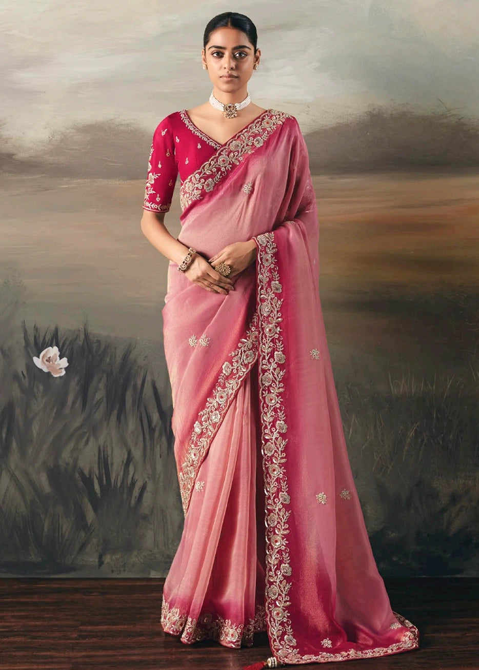 Pink Ombre Effect Tissue Silk Embroidered Bridal Saree