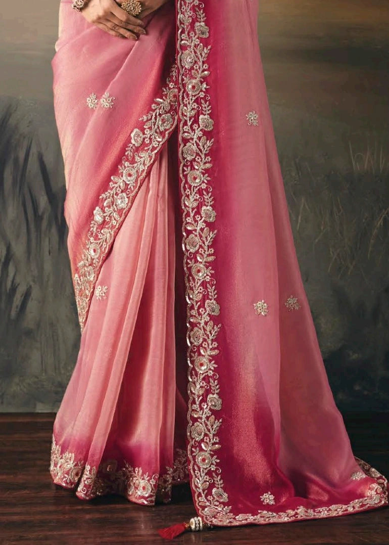 Pink Ombre Effect Tissue Silk Embroidered Bridal Saree