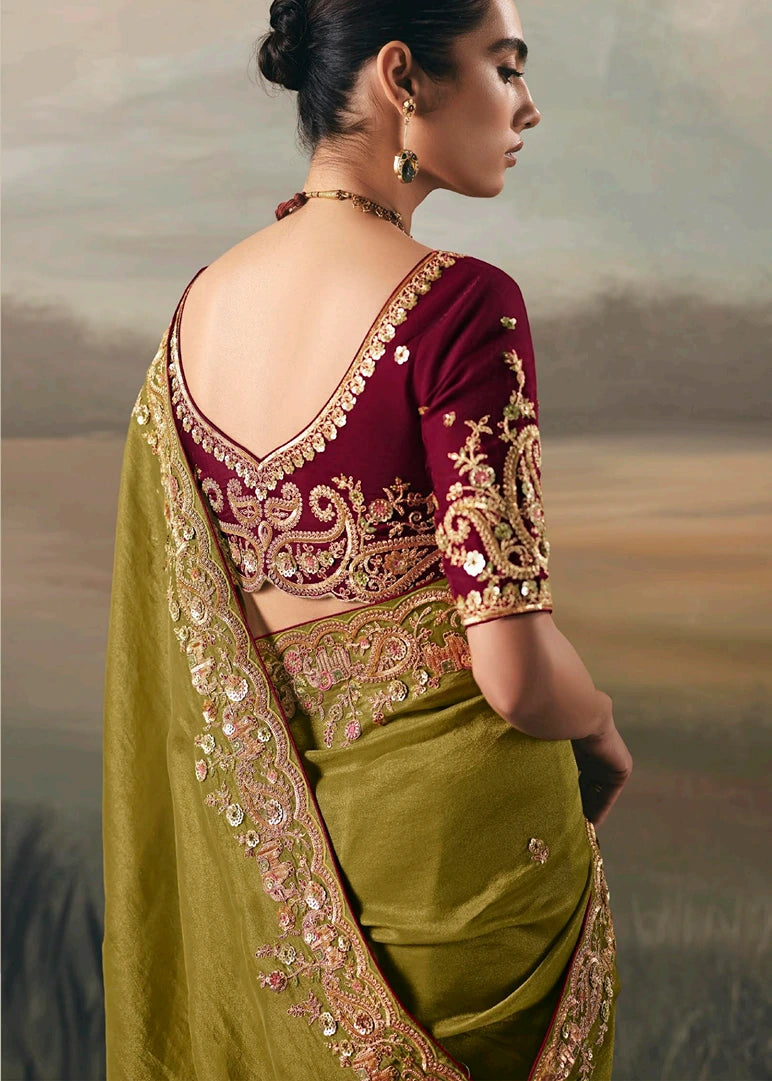 Lime Green Tissue Silk Embroidered Bridal Saree & Red Blouse