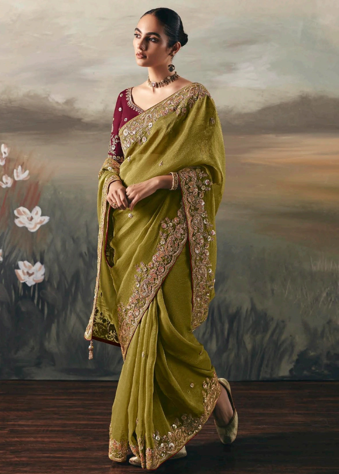 Lime Green Tissue Silk Embroidered Bridal Saree & Red Blouse
