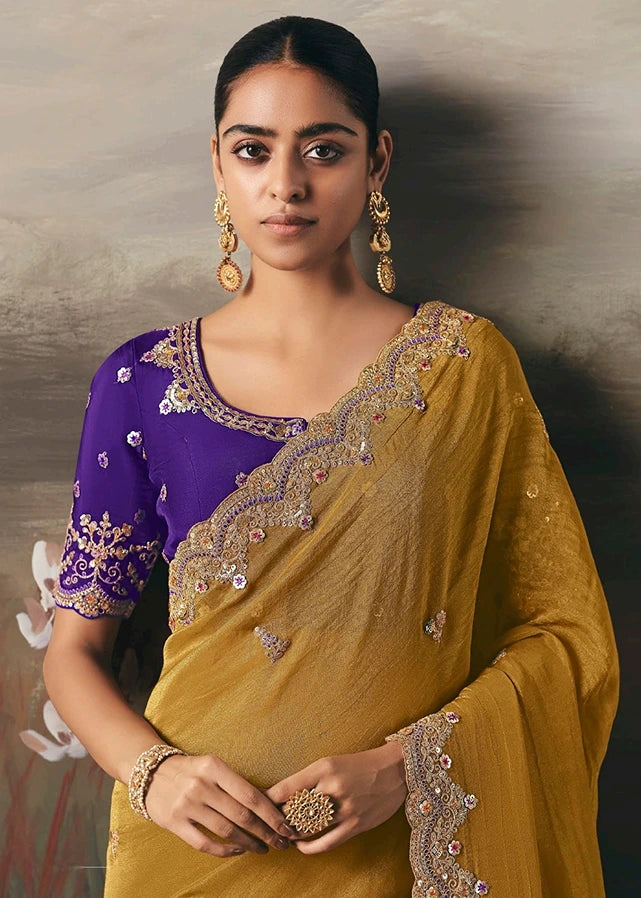 Golden Yellow Tissue Silk Embroidered Bridal Saree & Purple Blouse