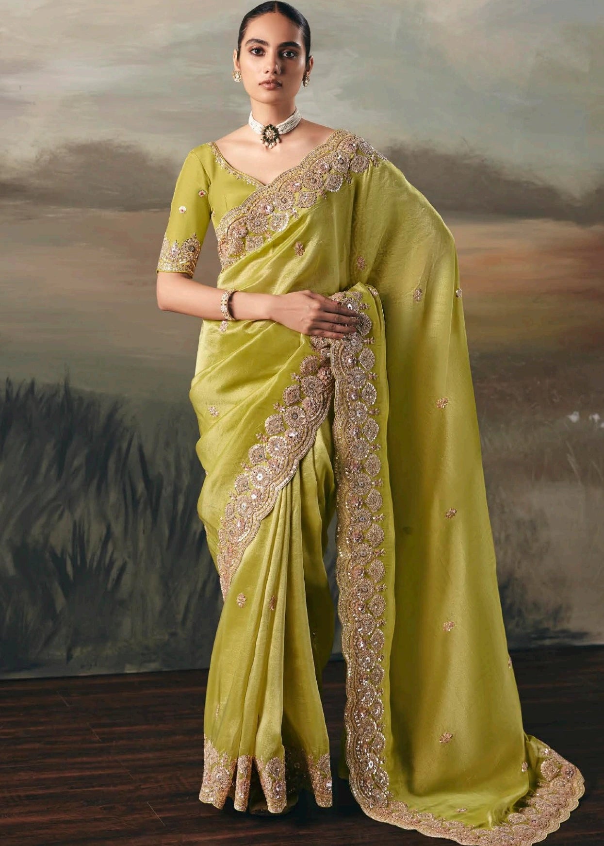Parrot Green Tissue Silk Embroidered Bridal Saree