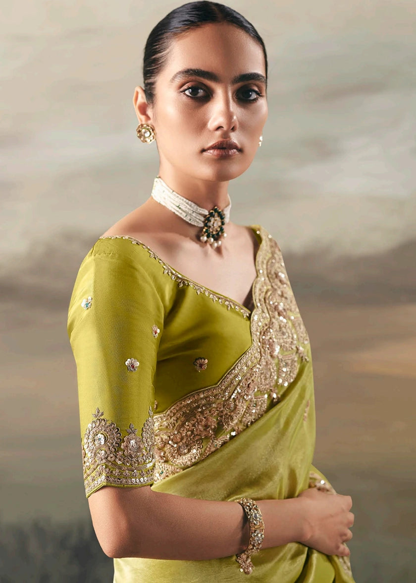 Parrot Green Tissue Silk Embroidered Bridal Saree