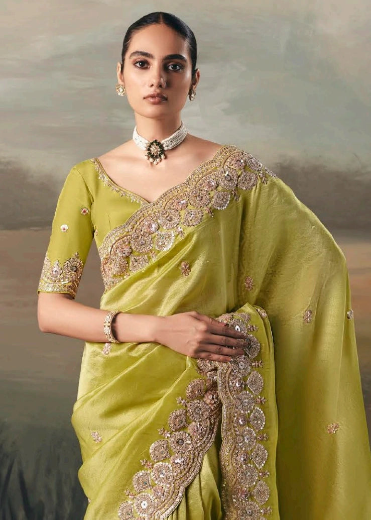 Parrot Green Tissue Silk Embroidered Bridal Saree