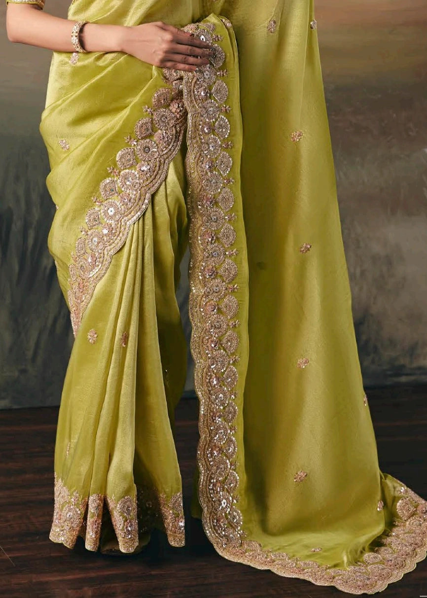 Parrot Green Tissue Silk Embroidered Bridal Saree