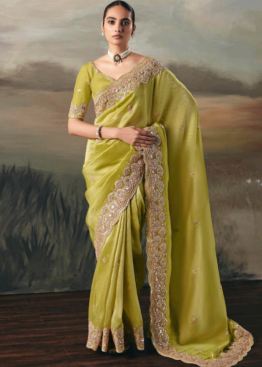 Parrot Green Tissue Silk Embroidered Bridal Saree