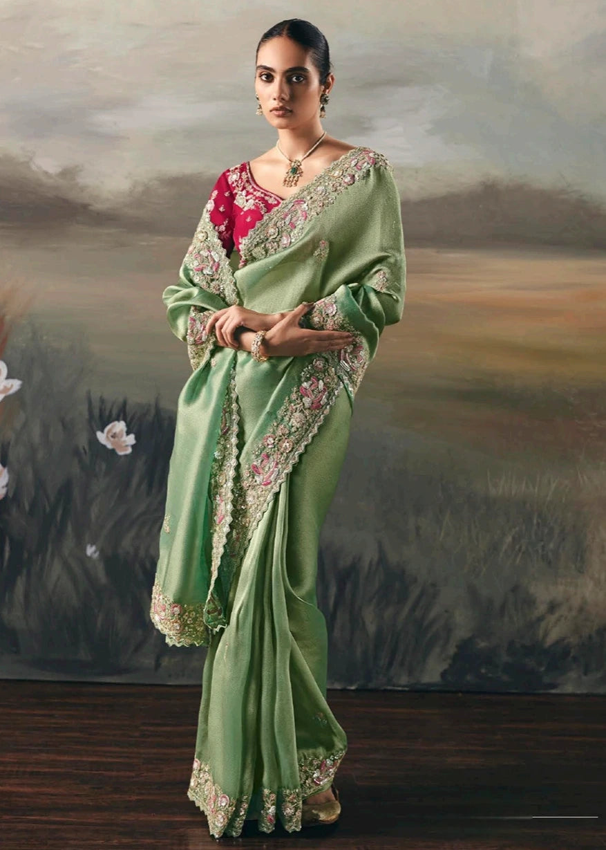 Mint Green Tissue Silk Embroidered Bridal Saree & Red Blouse