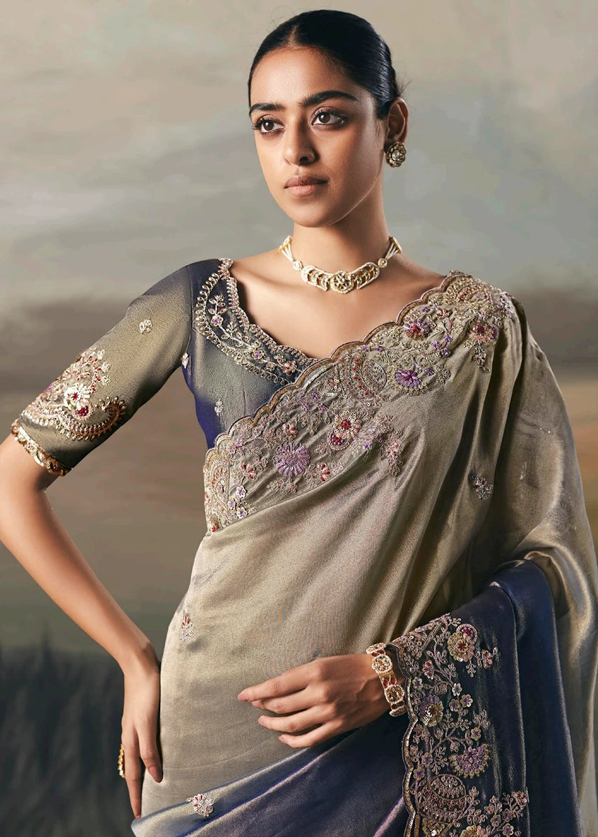 Metallic Grey Tissue Silk Embroidered Bridal Saree
