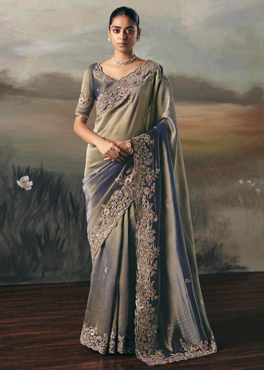 Metallic Grey Tissue Silk Embroidered Bridal Saree