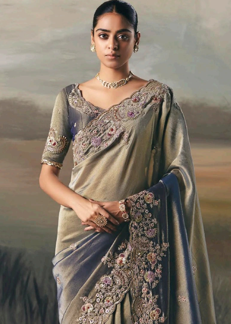 Metallic Grey Tissue Silk Embroidered Bridal Saree