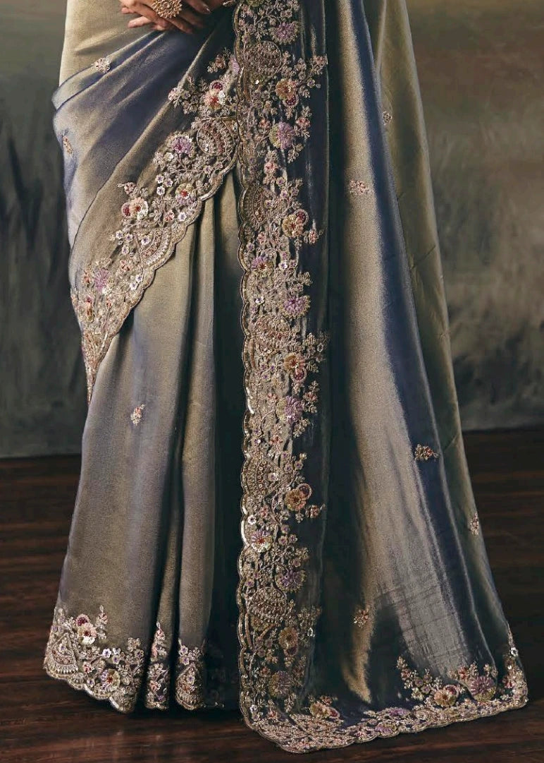 Metallic Grey Tissue Silk Embroidered Bridal Saree