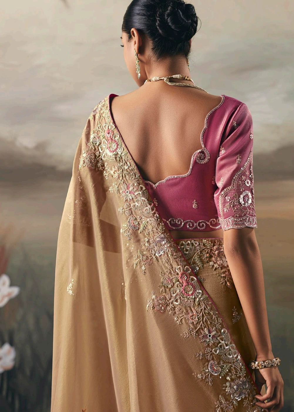 Golden Brown Tissue Silk Embroidered Bridal Saree & Pink Blouse