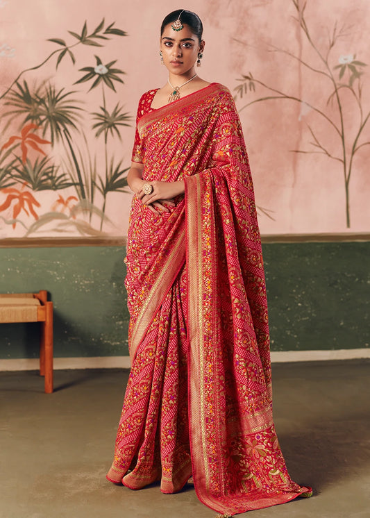 Pure Khaddi Georgette Scarlet Red Bridal Bandhani Saree