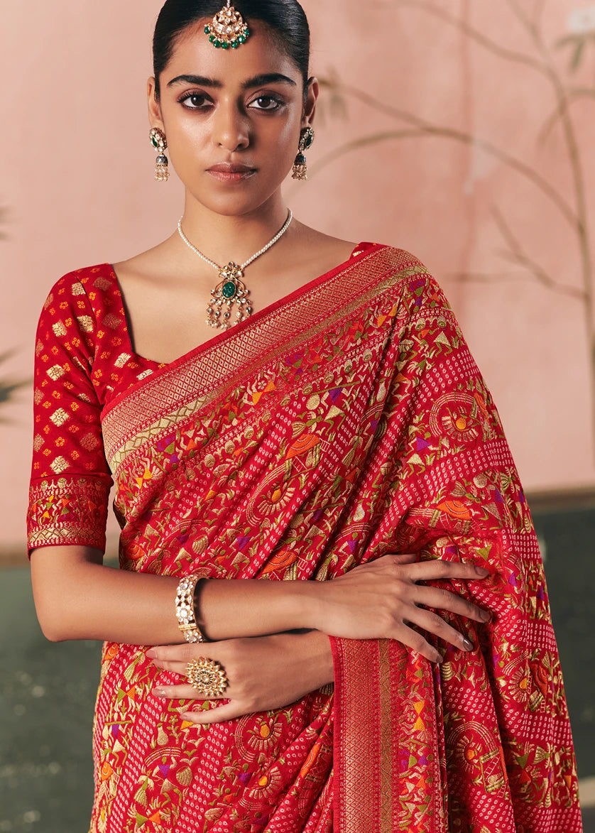 Pure Khaddi Georgette Scarlet Red Bridal Bandhani Saree