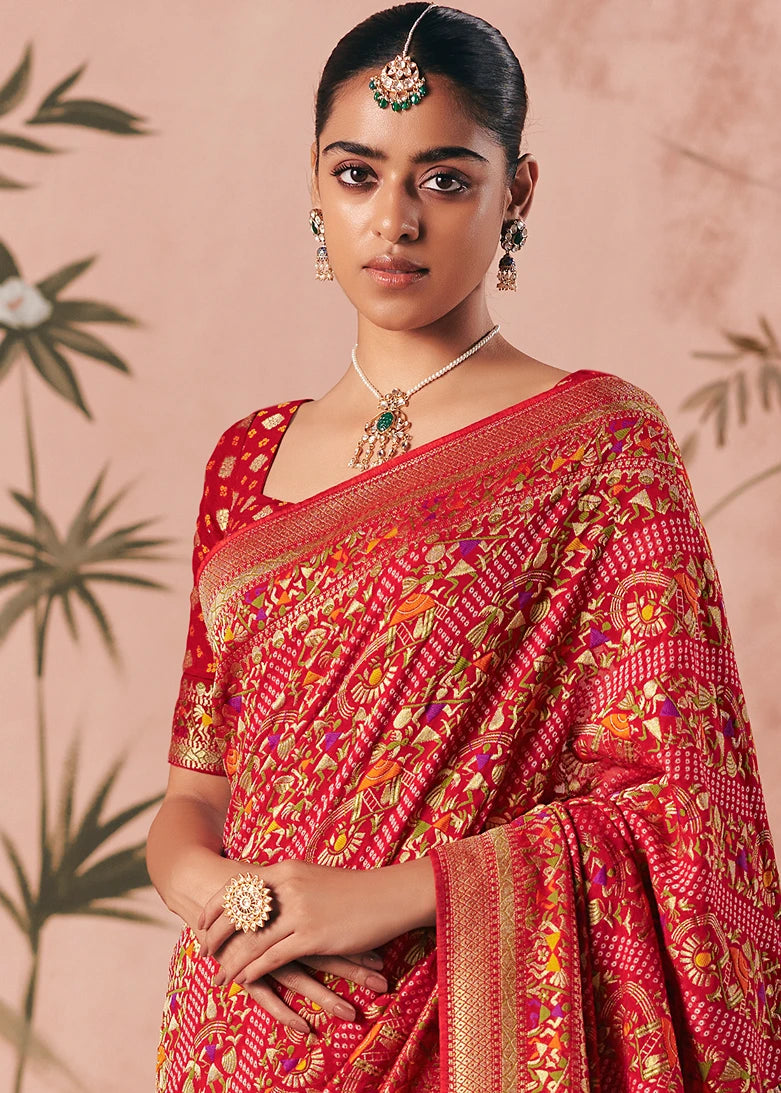 Pure Khaddi Georgette Scarlet Red Bridal Bandhani Saree