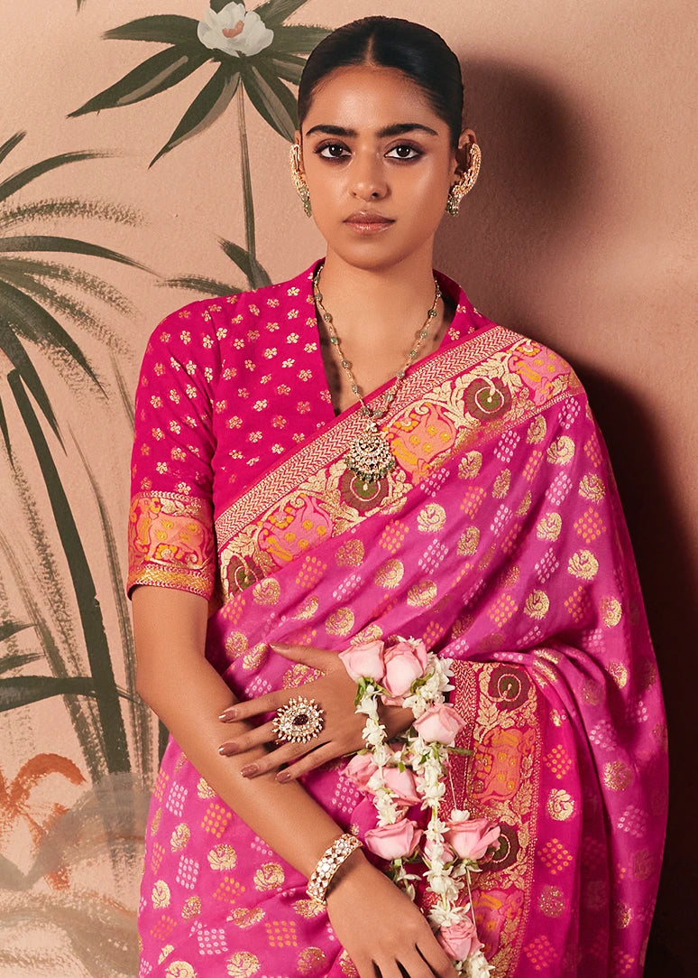 Pure Khaddi Georgette Rose Pink Bridal Bandhani Saree