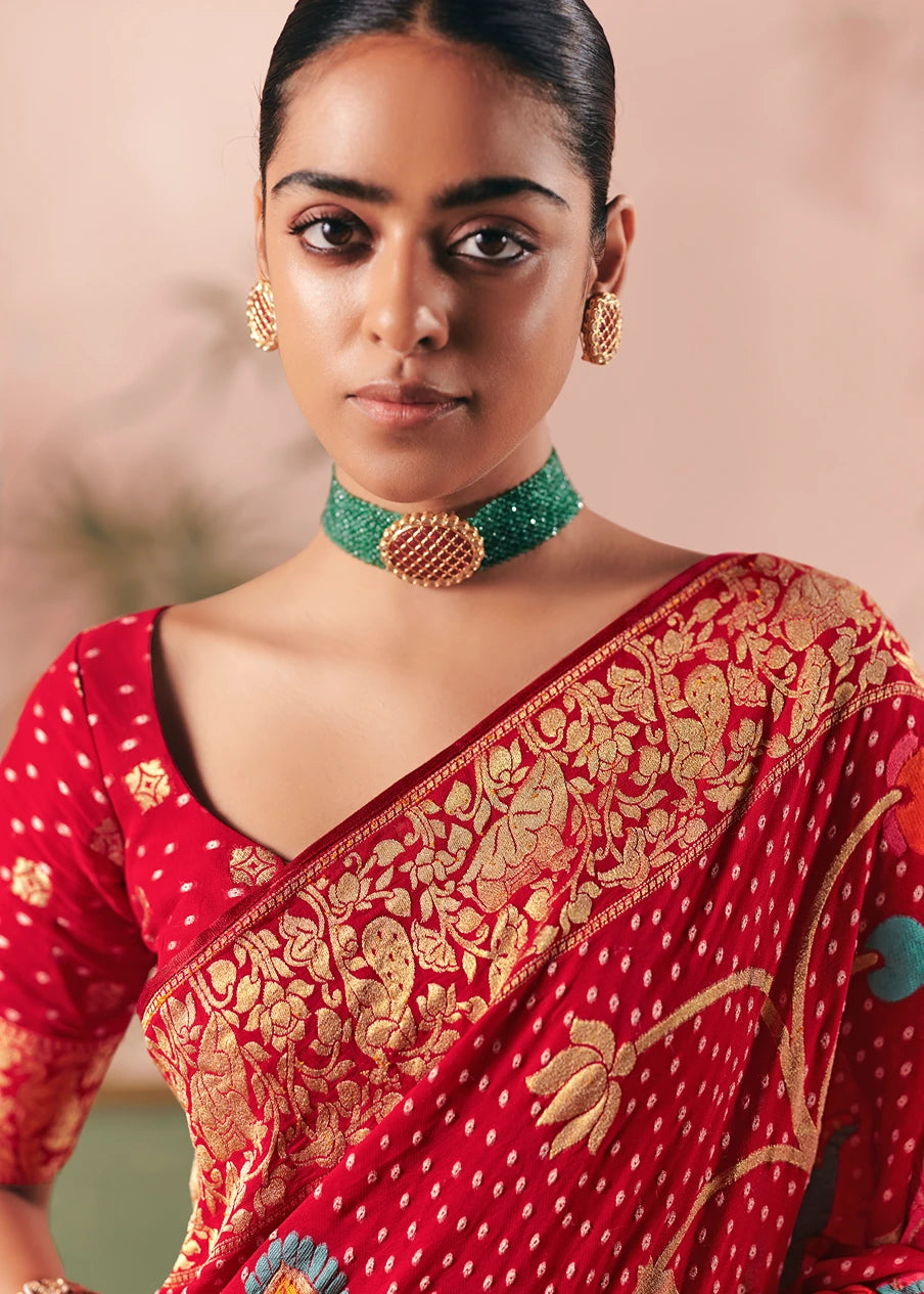 Pure Khaddi Georgette Red Bridal Bandhani Saree